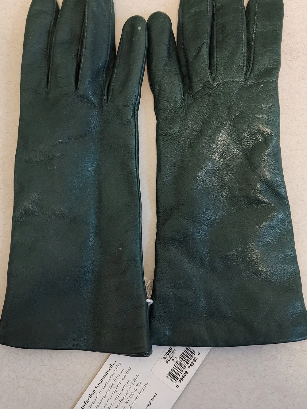 Vintage Isotoner Women's Dark Green Leather Gloves Cashmere Lined - Picture 3 of 3